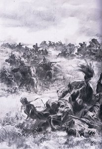 Praszyszでのロシア第14騎兵旅団の敗北（Union Berlagsefellfchaft発行「The Illustrated History of the World War 1914-1915」より）。 作： Anton Hoffman