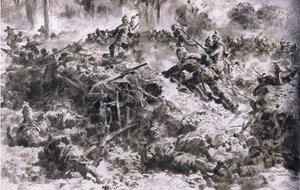 アルゴンヌで敵の陣地を突破するウーネンテンベルグ王擲弾兵（『図説 世界大戦史 1914-1915』（ユニオン・ベラッグスフェルフシャフト刊）より 作： Anton Hoffman