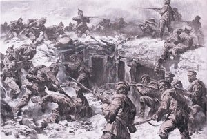 シレジア軍、プロシア軍、帝国ドイツ軍によるモスクワ擲弾兵団の敗北（『図説 世界大戦史1914-1915』（ユニオン・ベルラグゼフェルシャフト刊）より）。 作： Anton Hoffman