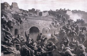 カヴノの砦の襲撃（『図説 世界大戦史 1914-1915』（ユニオン・ベルラグゼフェルシャフト刊）より 作： Anton Hoffman
