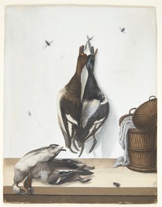 4 羽のアヒルと開いたバスケットのある静物 作： Anton Ignaz Hamilton