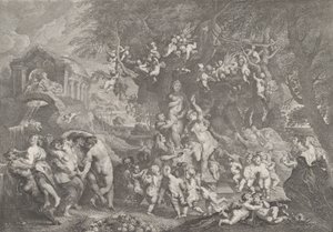 ヴィーナスの饗宴、サテュロス、ニンフ、プティのグループがヴィーナスの像の周りで踊る...、1732 年。 作： Anton Joseph von Prenner