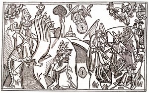 七つの頭を持つ獣に乗ったバビロンの大娼婦と、悪魔の囚人を抱えて麦を刈る天使たち 作： Anton Koberger