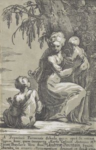 幼児を抱いて木のふもとに立つ女性、座っている少年、1724年。 作： Anton Maria Zanetti