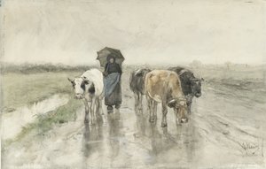 雨の田舎道で牛と牧夫 雨の中、田舎道で牛と一緒にいる農夫の妻 作： Anton Mauve