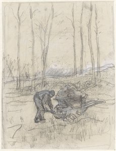 森の中の手押し車で働く農夫 作： Anton Mauve