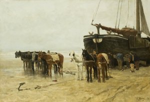 オランダ語：Bomschuit with Tow Horses on Scheveningen Beach シェベニンゲンビーチで曳き馬をする漁船 作： アントン・モーブ