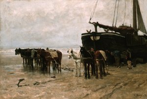 オランダ語：Bomschuit with Tow Horses on Scheveningen Beach シェベニンゲンビーチで曳き馬をする漁船 作： アントン・モーブ