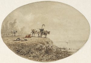 水辺の牛、遠くの帆船 作： Anton Mauve