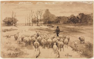 彼の群れと羊飼い、c。 1870。 作： Anton Mauve