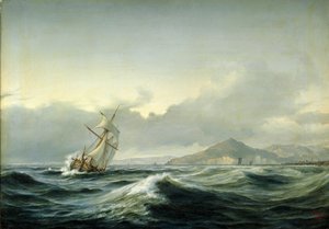 荒海に浮かぶ帆船のある海景。背景は岩の多い海岸。 作： アントン・メルビー