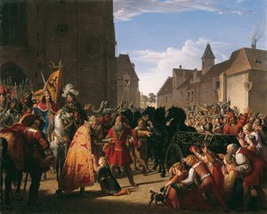 Premysl Ottokar 王の息子 Wenceslaus は、1826 年にハプスブルク家のルドルフに父の遺体を求めた。 作： Anton Petter