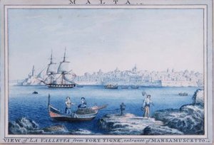マルタ共和国ティグネ砦からのラ・ヴァレッタの眺め、マルサムセットの入り口（水彩画） 作： Anton the Younger (circle) Schranz