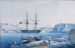 マルタ共和国イソラ岬からラバレッタ港の入り口を見る（水彩画 作： Anton the Younger (circle) Schranz