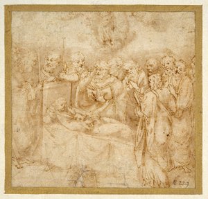 聖母の休息」（白紙に茶色のウォッシュをかけたペンと茶色のインク 作： Antonello Gaggini