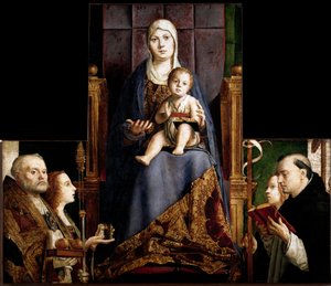 サン・カッシアーノの祭壇画：「聖母子を囲む聖人ニコラ（マイラまたはバリ（270-345））、マグダラのマリア、聖ウルスラ、聖ドミニカ」 木画 アントネッロ・ダ・メッシーナ（約1430-1479） 1475-1476 ウィーン美術史博物館