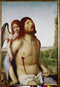 天使に支えられて死んだキリスト。(パネルに油彩 作： Antonello da Messina