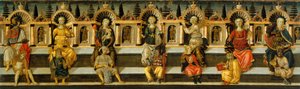 7つの美徳 - Antonfrancesco (Anton Francesco) Guidiの作品、Scheggia (1441-1476) と呼ばれ、木にテンペラ (49.8x159.3 cm)、1467-1469年頃 - 7つの美徳、Antonfrancesco (Anton Francesco) によるパネルのテンペラスケッジャと呼ばれるグイディ、1467～1469年頃 - M 作： Antonfrancesco dello Scheggia