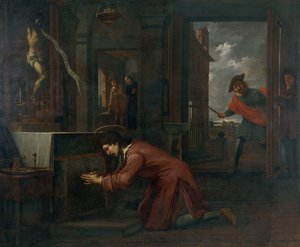 聖フランシス、聖ダミアンの十字架から神の家を修繕するよう命令を受ける 作： Antoni Viladomat Y Manalt