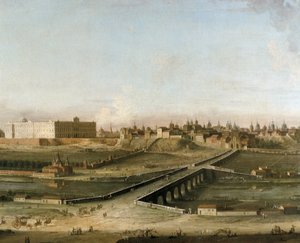 マンサナレス川の右岸からの王宮のあるマドリッドの街の眺め、1750年頃、詳細（キャンバスに油彩） 作： Antonia de dipi Joli