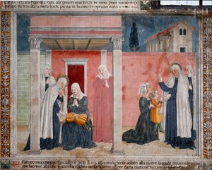 聖フランソワーズ・ロメーヌ（サンタ・フランチェスカ・ロマーナ）の生涯（1384-1440年）。「母親が寝ている間に誤って窒息してしまった洗礼を受けていない子供を聖人が救う」 アントニアッツォ・ロマーノ（15世紀）のフレスコ画 1468年 ローマ、オブラートの共同体の女子修道院 作： Antoniazzo Romano