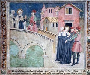 聖フランチェスカ・ロマーナの生涯。聖ヨハネ・ラテランへの帰還の際、聖女は腕を切られた人を癒した（フレスコ画 作： Antoniazzo Romano
