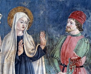聖フランチェスカ・ロマーナの生涯。聖ヨハネ・ラテランへの帰還の際、聖女は腕を切られた人を癒している、詳細（フレスコ 作： Antoniazzo Romano