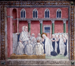 聖フランチェスカ・ロマーナの生涯 : 聖人とオブラートはベネディクト会に身を捧げ、ローマのサンタ・マリア・ノヴァ教会に落ち着く（フレスコ画）。 作： Antoniazzo Romano
