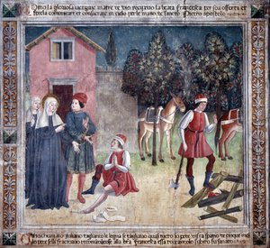 聖フランチェスカ・ロマーナの生涯 : 聖人は足を負傷した人を癒す（フレスコ画 作： Antoniazzo Romano