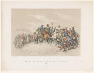 1851 年のユトレヒト仮面舞踏会: 1296 年の Hofleven 伯爵時代の宮廷生活。 1296 (オブジェクトのタイトル) 国民史。 H.H. 学生 作： Antonie Johannes Groeneveldt