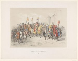 1851年のユトレヒトの仮面舞踏会：騎士団、1217年 騎士団、1217年（オブジェクトのタイトル） 国民史。 最初期から 17 世紀末まで、H.H. Utrechtsche Hoo の生徒たち 作： Antonie Johannes Groeneveldt