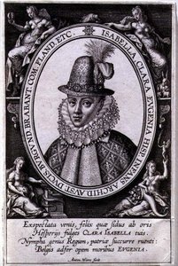 オーストリア大公アルベルト（1559-1621）の妻、イザベラ・クララ・オイゲニア・オブ・オーストリア（1566-1633）の肖像（エングレーヴィング） 作： Antonie Wierix