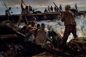 マグロの屠殺、アントニノ・レト（1844-1913）による絵画、キャンバスに油彩、41x62 cm 作： Antonino Leto