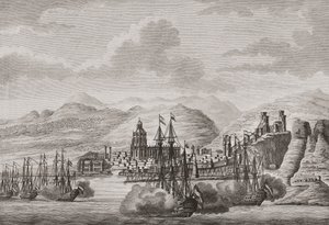 1784年、スペイン、マラガ沖のオランダ艦隊。(プリント） 作： Antonio (after) Suntach