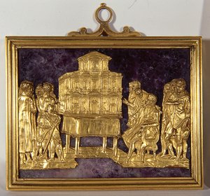ベルナルド・ブオンタレンティ（1531-1608年） サンタ・マリア・デル・フィオーレ大聖堂のファサードの模型を贈呈する（1587年頃）（貴石と金の組み合わせ 作： Antonio (fl.1578 1624) Giambologna (1529 1608) and Susini