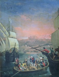 1492年のパロスからのサンタマリア、ピンタ、ニーナの出発（キャンバスに油彩） 作： Antonio Cabral Bejarano