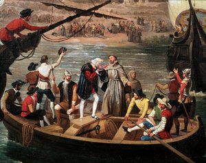 サンタ・マリア号、ピンタ号、ニーナ号の1492年のパロスからの出発 - クリストファー・コロンブス（1451～1506）の3隻のキャラベルの1492年08月03日のパロスからの出発、詳細。Antonio Cabral y Bejarano (1798-1861)による絵画。パロス・デ・ラ・フロンテーララビダ 作： Antonio Cabral Bejarano