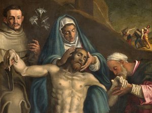 北トランセプト、脱衣の祭壇、聖母と聖人レイモンドとパドヴァのアンソニーに支えられたキリストの脱衣、アントニオ・カンピ 1566年、詳細な祭壇画 作： Antonio Campi