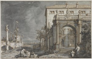 カプリッチョ: ラグーンに面した中庭のある宮殿 作： Antonio Canaletto