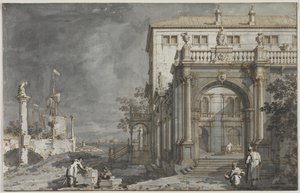カプリッチョ：ラグーンのそばの中庭のある宮殿、c。 1750-1755。 作： Giovanni Antonio Canal