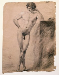 アントニオ・カノーヴァ（1757-1822）の「台座にもたれかかる男性ヌードの習作」、ドローイング 作： Antonio Canova
