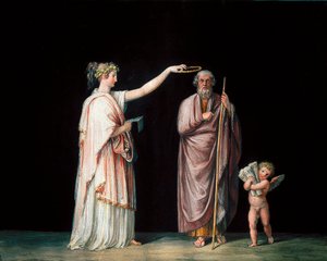 ミューズのカリオペとホメロス。アントニオ・カノーヴァ（1757-1822）によるテンペラ画、1798年頃。 作： Antonio Canova