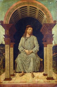 「キリストの神秘的な姿」キリストの嘲笑に関連して、絞首刑執行人の縄を首に巻いて座っているイエス - アントニオ・チコグナラ (1480 年頃から 1500 年頃に活動) 作の絵画 ロンドン ナショナル ギャラリー 作： Antonio Cicognara