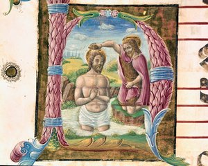 アントニオ・チコニャーリが照明を当てたキリストの洗礼。アンティフォナリーのディテール。1483.クレモネ、コラール4、カピトロ・デル・ドゥオーモ 作： Antonio Cicognara