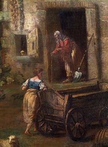 ""Landscape of Italy"" (イタリアの風景) イタリアの田園地帯にある農家、百姓の老婦人のディテール。 Antonio Diziani (1737-1797) による絵画 18 世紀 Mikalojus Konstantinas Ciurlionis Fine Arts Museum、カウナス、リトアニア