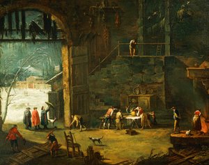 アントニオ・ディジャーニ（1737-1797）の「冬、別荘に貴族がやってくる」、絵画。 作： Antonio Diziani