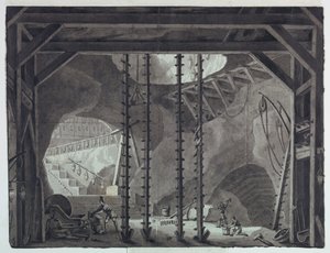 ステージデザイン、洞窟に建物を建設する男性 作： Antonio Giuseppe Basoli