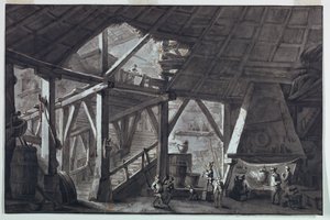 舞台デザイン、荒廃した農場の建物のインテリア 作： Antonio Giuseppe Basoli