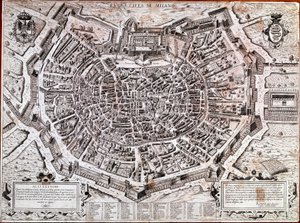 アントニオ・ラフレリ（LafreryまたはLanfrerius）（1512-1577）が1573年に編集したミラノの市街地図。これは市内で最も古い地図である。ミラノ、ミラノ博物館 - ミラノの地図。アントニオ・ラフレリが編集した1573年の市内最古の地図。イタリア、ミラノの博物館