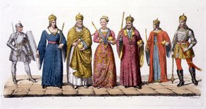 ジュール・フェラリオ著「Le Costume Ancien et Moderne」よりハンガリーの指導者と王たち（1820年代〜30年代に出版されたカラーリトグラフ版） 作： Antonio Lanzani
